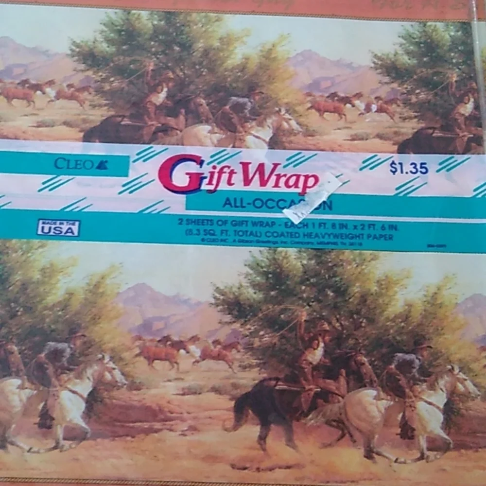 Vintage CLEO Men's Cowboy Horses Western Gift Wrap 2 packages 4 sheets